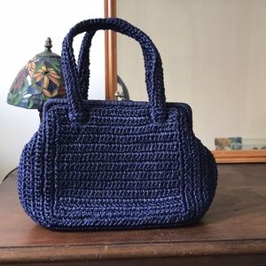 Vintage Walborg Navy Blue Raffia/Straw Handbag